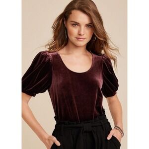 Maurices Womens Velvet Short Puff Sleeve Casual Blouse Scoop Neck Brown Top Sz M